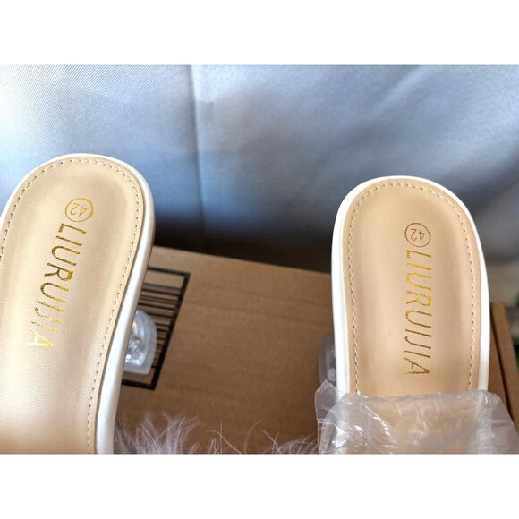 White Feathered Open-Toe Heels With Clear Strap & Square Toe By Llurujia Size 11 - Picture 3 of 5